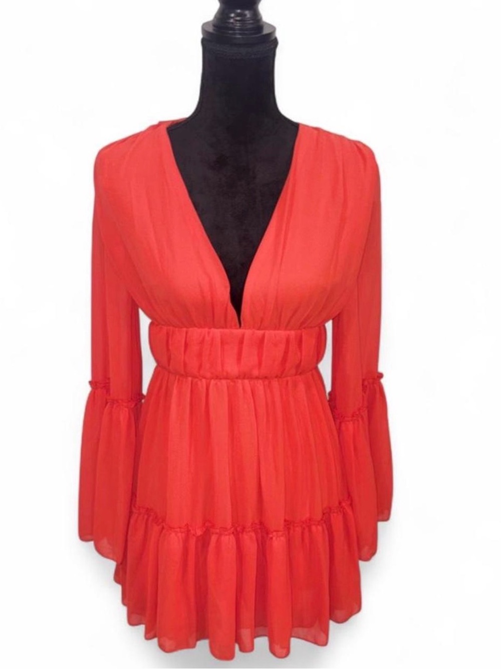 Miss Ord Women’s orange V-Neck Smocked Waist Long Sleeve Mini Dress size small
